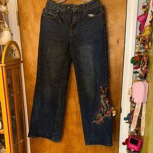 Ed Hardy dark blue  Flare Jeans with Multicolor Dragon Embroidery